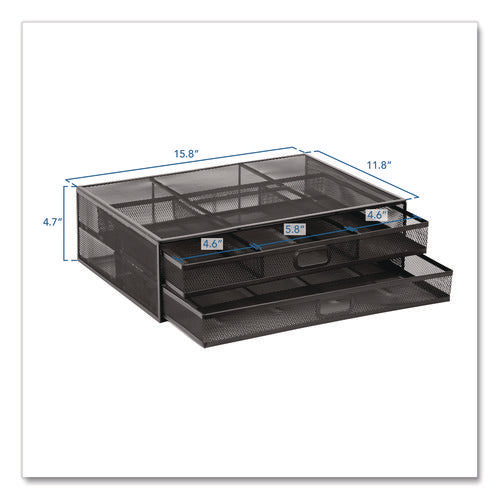 Metal Mesh Monitor Stand With Storage Drawers, For Up To 32" Monitors, 15.8" X 11.8" X 4.7", Black, Supports 30 Lb