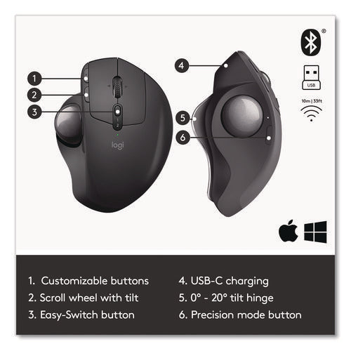 Mx Ergo Plus Advanced Wireless Trackball Mouse, 2.4 Ghz Frequency/33 Ft Wireless Range, Right Hand Use, Black