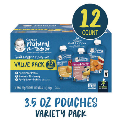 Natural Baby Food Pouches For Toddler 12+ Months, Assorted Flavors, 3.5 Oz Pouch, 12/carton