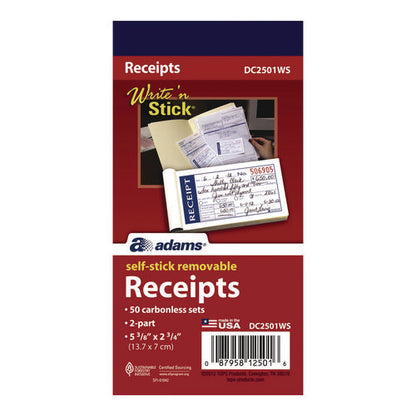 Write 'n Stick Receipt Book, Two-part Carbonless, 4.88 X 2.75, 50 Forms Total