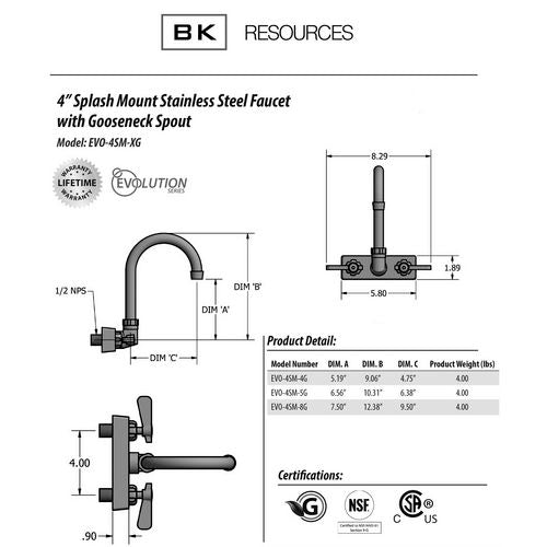 Evolution Splash Mount Stainless Steel Faucet, 9.06" Height/4.5" Reach, Stainless Steel