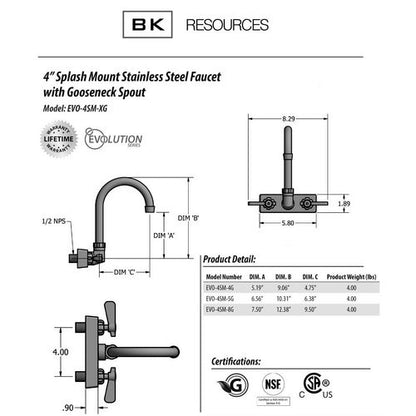 Evolution Splash Mount Stainless Steel Faucet, 9.06" Height/4.5" Reach, Stainless Steel