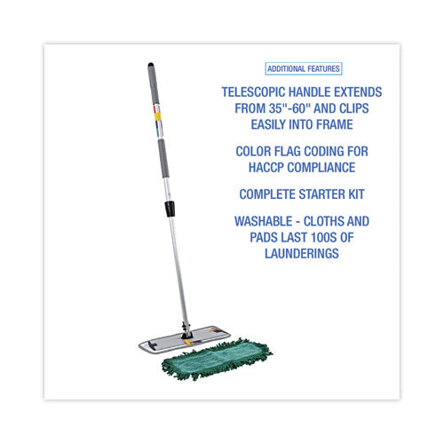 Microfiber Cleaning Kit, 18" Wide Blue/green Microfiber Head, 35" To 60" Gray Aluminum Handle