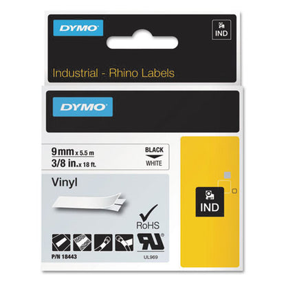 Rhino Permanent Vinyl Industrial Label Tape, 0.37" X 18 Ft, White/black Print