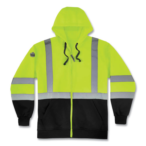 Glowear 8372 Zipup Hivis Class 3 Zip Hooded Sweatshirt With Black Bottom, Polar Fleece, Lime, Medium