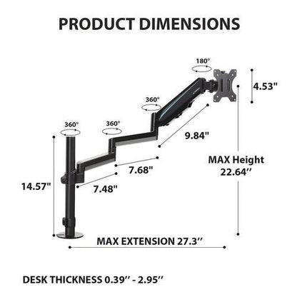 Single Monitor Arm, For 32" Monitors, 90 Deg Rotation, 35 Deg Tilt, 360 Deg Pan, Black, Supports 17.6 Lbs