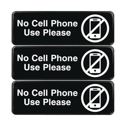 No Cell Phone Use Please Indoor/outdoor Wall Sign, 9 X 3, Black Face, White Graphics, 3/pack