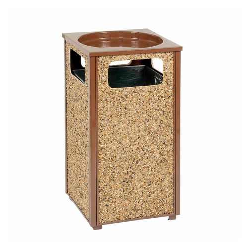 Stone Panel All Weather Trash Receptacle Urn, Open Ashtray Top, 24 Gal, Steel, Brown