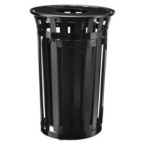 Outdoor Slatted Steel Trash Can, With Access Door, 36 Gal, Steel Black