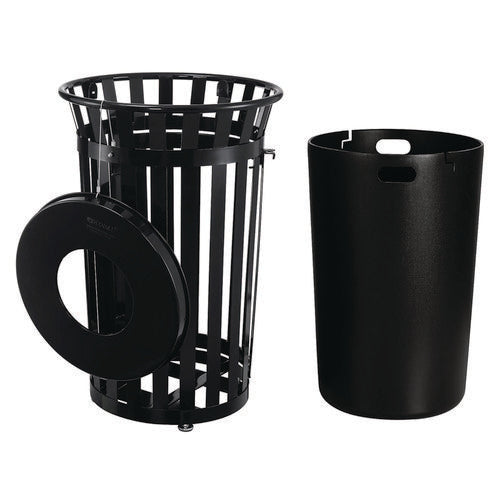 Outdoor Slatted Steel Trash Can, With Access Door, 36 Gal, Steel Black