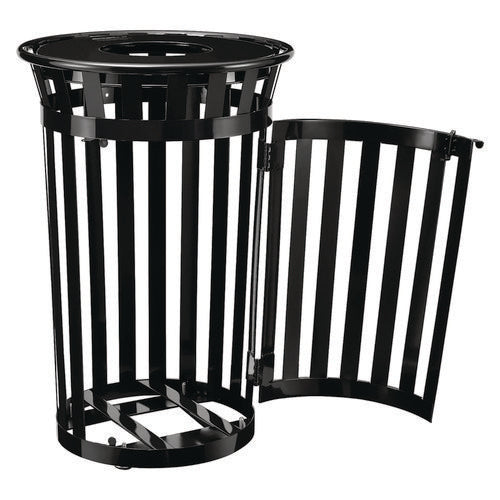 Outdoor Slatted Steel Trash Can, With Access Door, 36 Gal, Steel Black