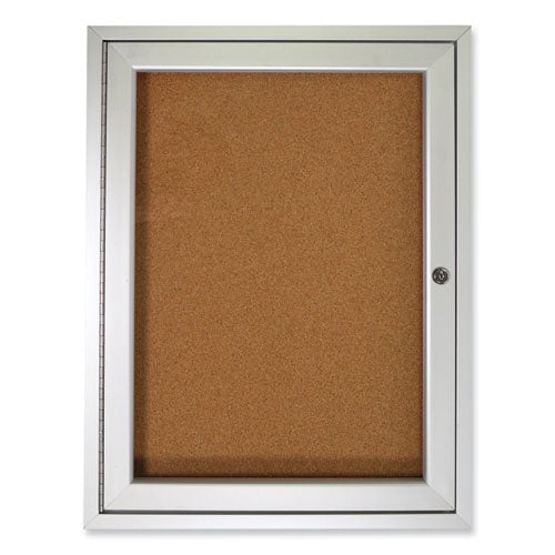 1 Door Enclosed Natural Cork Bulletin Board With Satin Frame, 36" X 36", Tan Surface, Satin Aluminum Frame