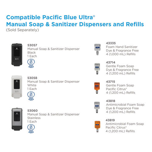 Pacific Blue Ultra Foam Soap Manual Dispenser Refill, Fragrance-free, 1,200 Ml, 4/carton