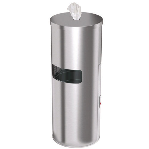 Side-entry Trash Can With Gym Wipe Dispenser, 9 Gal, Stainless Steel, Silver