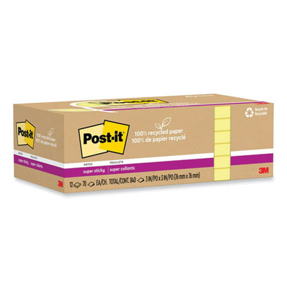 100% Recycled Paper Super Sticky Notes, 3" X 3", Canary Yelow, 70 Sheets/pad, 12 Pads/pack