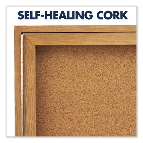 Enclosed Indoor Cork Bulletin Board With Two Hinged Doors, 48 X 36, Tan Surface, Oak Fiberboard Frame