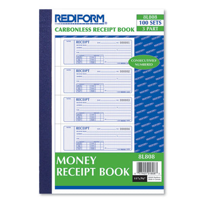 Money Receipt Book, Softcover, Three-part Carbonless, 7 X 2.75, 4 Forms/sheet, 100 Forms Total