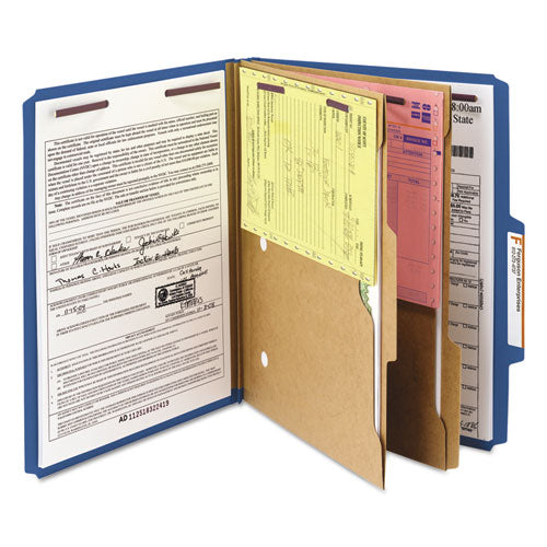 6-section Pressboard Top Tab Pocket Classification Folders, 6 Safeshield Fasteners, 2 Dividers, Letter Size, Dark Blue, 10/bx