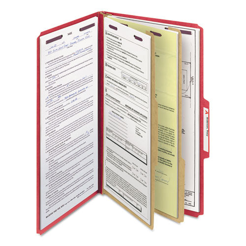 Six-section Pressboard Top Tab Classification Folders, Six Safeshield Fasteners, 2 Dividers, Legal Size, Bright Red, 10/box