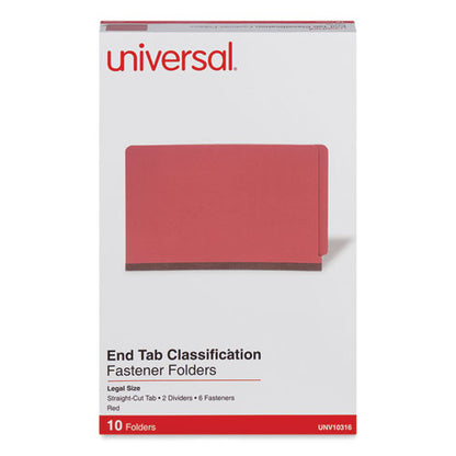 Red Pressboard End Tab Classification Folders, 2" Expansion, 2 Dividers, 6 Fasteners, Legal Size, Red Exterior, 10/box