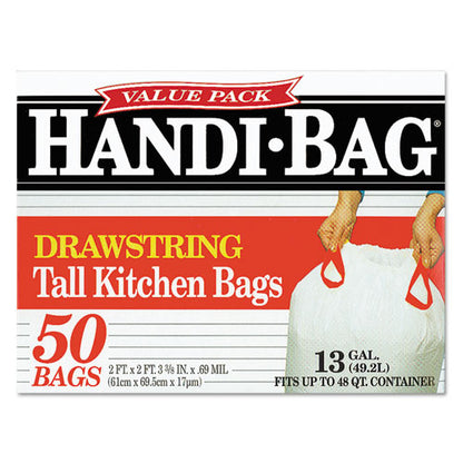 Drawstring Kitchen Bags, 13 Gal, 0.6 Mil, 24" X 27.4", White, 50 Bags/box, 6 Boxes/carton